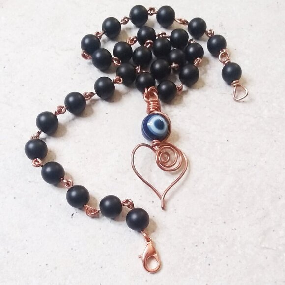 Handmade & Unique! Wire Wrapped Heart Necklace ~ Black Stone + Copper ~ Evil Eye - Picture 3 of 15